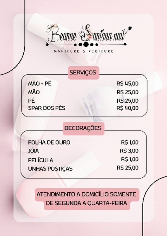 Beanne Santana Nail 💅 - Manicure & Pedicure - tabela de preços 