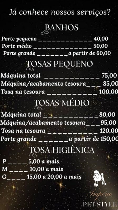 imperio pet style - pets - tabela de valores banho e tosa
