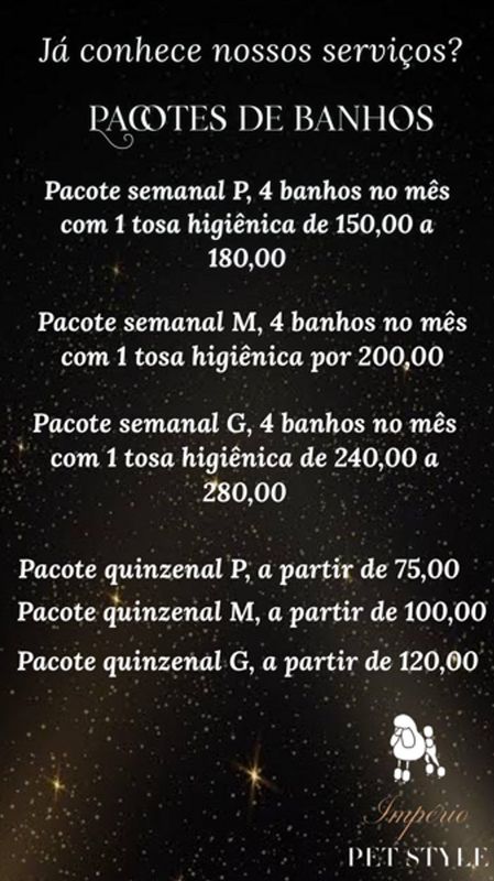 imperio pet style - pets - tabela de valores pacotes