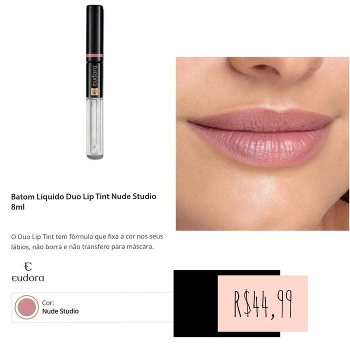 Pamela Reis - Revendedora Eudora - Batom Liquido Duo Lip Tint Nude Studio