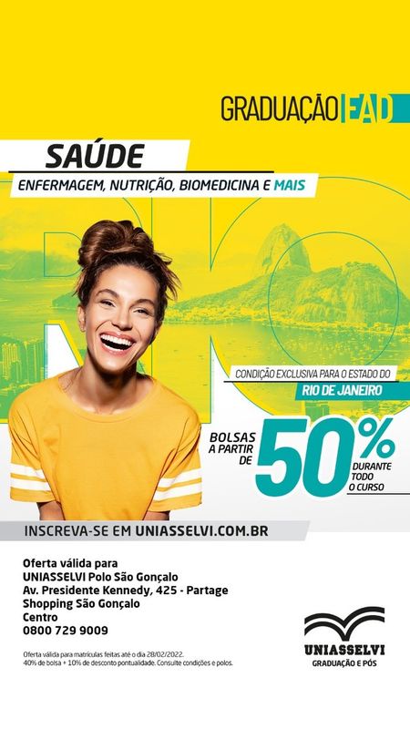 Uniasselvi São Gonçalo/RJ - Partage Shopping  - Atendimento Polo São Gonçalo - Bolsas de até 50%* na área de Saúde
