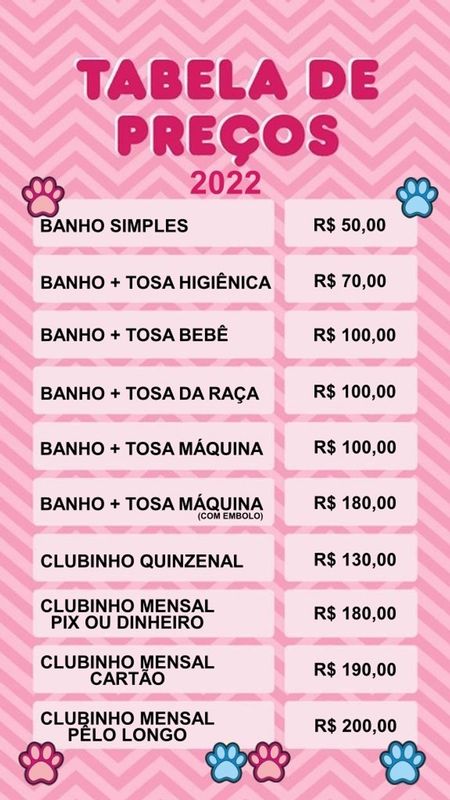 Estética Canina Claudia Maciel - Pets de pequeno e médio porte - Tabela de serviços