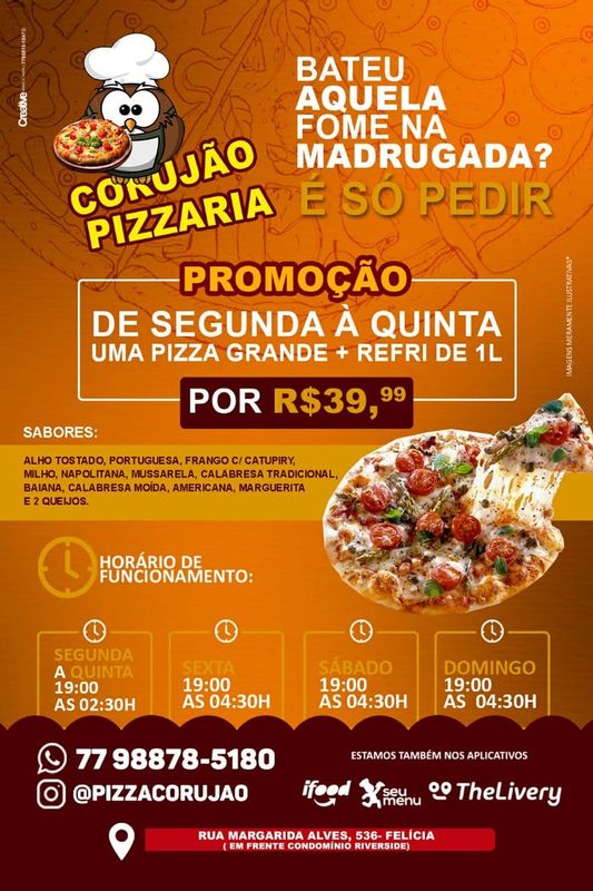 Pizzaria Corujao - gastronomia - Pizza Grande + Refrigerante 1L