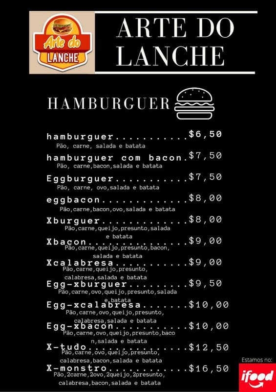 ARTE DO LANCHE - Restaurante e Lanchonete - cardápio de lanche