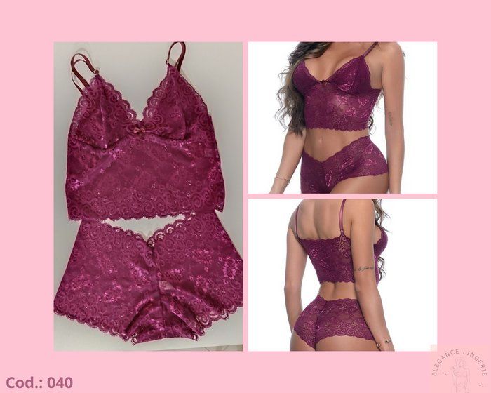 Elegance Lingerie - Moda íntima - Cod 040- Conjunto Renda Vinho