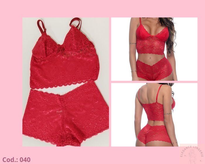 Elegance Lingerie - Moda íntima - Cód 040-Conjunto Renda Vermelho