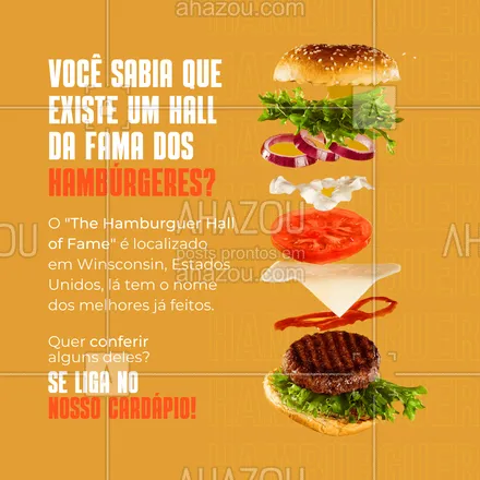 posts, legendas e frases de hamburguer para whatsapp, instagram e facebook: Aqui no nosso estabelecimento, temos hambúrgueres dignos do hall da fama! Se liga no nosso cardápio, burglover, e escolha o que mais tem sua cara. 
#ahazoutaste #artesanal  #burger  #burgerlovers  #hamburgueria  #hamburgueriaartesanal 