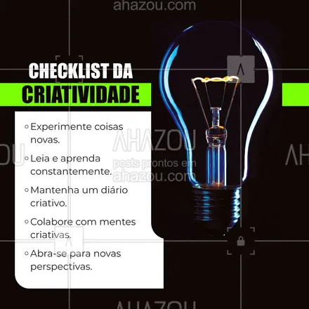 posts, legendas e frases de posts para todos para whatsapp, instagram e facebook: Desperte sua criatividade interior! Este checklist irá inspirar novas ideias e inovação. 🎨✨ #Criatividade #Inovação #ahazou #motivacionais  #motivacional  #checklist