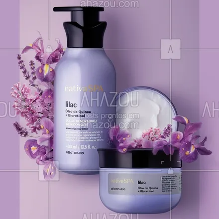 posts, legendas e frases de o boticário para whatsapp, instagram e facebook: A nova linha Nativa SPA Lilac é um convite para você experimentar uma rotina de cuidados mais completa e perfumada. 💜 Sinta o poder do óleo de quinoa, o único que estimula a produção de colágeno natural da pele.
Deixe-se envolver pelas fragrâncias delicadas e inesquecíveis e mergulhe na #PotênciaDeLilac
Produtos na imagem:
• Combo Nativa SPA Lilac: Óleo Em Creme Corporal 175g + Loção Corporal 400ml
#PraTodosVerem: Post estático com fundo em tons de lilás e flores. Temos a loção corporal e o óleo em creme da linha Nativa SPA Lilac, além de uma embalagem mostrando a textura do produto. #ahazouboticario #ahazourevenda