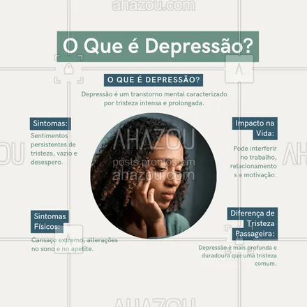 posts, legendas e frases de saúde mental para whatsapp, instagram e facebook: Depressão vai muito além de tristeza — é um transtorno sério e complexo que afeta profundamente o emocional e o físico. Entender a diferença entre depressão e uma tristeza passageira é o primeiro passo para buscar ajuda e promover conscientização. Se informe e apoie! 💙 #Depressão #SaúdeMental #ConsciênciaEmociona #AhazouSaude #viverbem