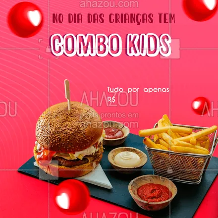 posts, legendas e frases de hamburguer para whatsapp, instagram e facebook: Dia das Crianças é aqui e com combo especial! Aproveite e traga seus pequenos para se divertirem! 
#ComboKids #DiaDasCrianças #lanche #ahazoutaste  #artesanal  #burger  #hamburgueria 