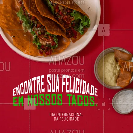 posts, legendas e frases de cozinha mexicana para whatsapp, instagram e facebook: Nada como nossos deliciosos tacos super recheados para tornar o seu dia feliz.
Felicidade sincera e verdadeira você só encontra aqui!
Venha nos visitar.
#ahazoutaste  #cozinhamexicana  #comidamexicana  #texmex  #vivamexico  #nachos 