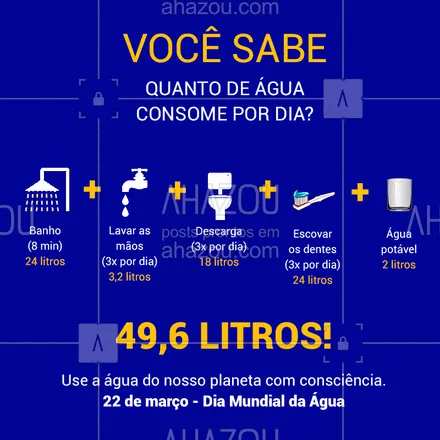 posts, legendas e frases de posts para todos para whatsapp, instagram e facebook: Você já parou para pensar quantos litros de água você gasta por dia? #diamundialdaágua #ahazou