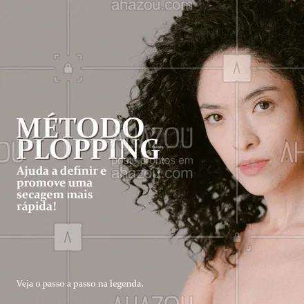 posts, legendas e frases de cabelo para whatsapp, instagram e facebook: O método plopping é  indicado para cabelos cacheados, ele ajuda a definir os cachos utilizando apenas um creme de pentear e uma toalha de microfibra ou uma camisa de algodão. Para realizá-la é simples, após sair do banho, passe o creme de pentear com os cabelos bem molhados, retire o excesso com a toalha de microfibra e enrole os fios nela, deixe agir por 20 minutos e pronto, cabelo prontinho para brilhar! #dicas #AhazouBeauty #métodoploppling #cabelo 