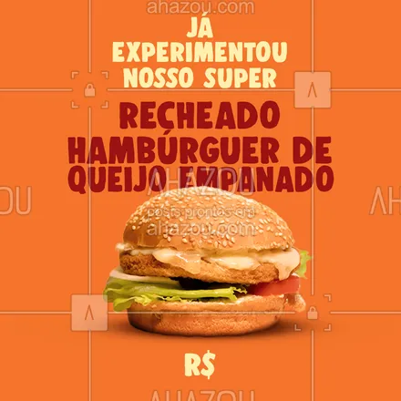 posts, legendas e frases de hamburguer para whatsapp, instagram e facebook: O melhor hambúrguer de queijo empanado da região está em promoção, aproveite e peça já o seu. 🍔#hamburgueria #burger #ahazoutaste #promoção #queijoempanado