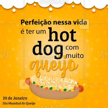 posts, legendas e frases de hot dog  para whatsapp, instagram e facebook: Cadê os apaixonados por queijo???️ Que tal celebrar com um belo hot dog prensado de queijo, hein?!? 
.
?(inserir nome do estabelecimento)?
?(inserir contato)
?(inserir endereço, se houver)
⏰(inserir horário de funcionamento)


#AhazouTaste #HotDog #CachorroQuente #DiaMundialdoQueijo #Queijo
