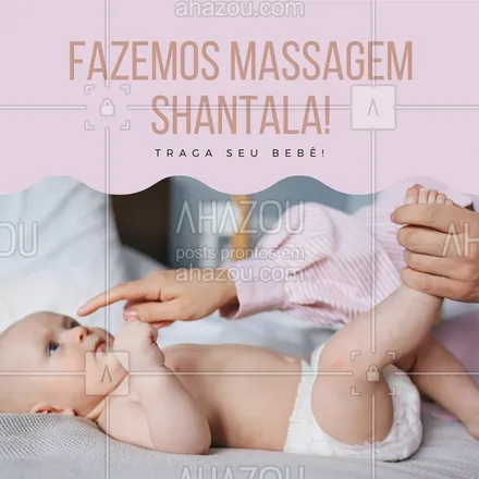 posts, legendas e frases de massoterapia para whatsapp, instagram e facebook: Traga seu bebê para fazer a nossa massagem shantala! Ele vai sair daqui revigorado, a massagem trás inúmeros benefícios para o bem-estar da criança. Temos profissionais especializados. Agende um horário! #AhazouSaude #bebe #shantala #massagem #massoterapia #relax