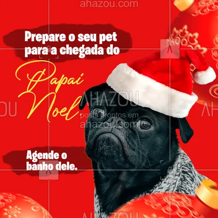 posts, legendas e frases de petshop para whatsapp, instagram e facebook: Certeza que seu pet não vai querer receber o Papai Noel sem estar de banho tomado. Então, garanta o horário dele para o banho. #ahznoel #convite #banho #AhazouPet #natal #tosa