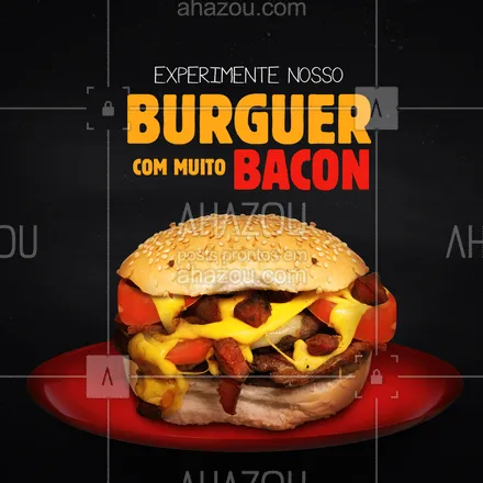 posts, legendas e frases de hamburguer para whatsapp, instagram e facebook: Dá uma olhadinha nesse hamburguer e me diz se não dá vontade de experimentar? ? Você pode! ? Estamos pertinho de você ? (inserir endereço) ? #bacon #muitobacon #ahazoutaste #hamburgueria #burger #burgerlovers