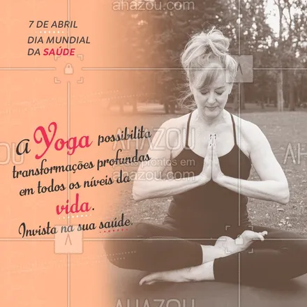 posts, legendas e frases de yoga para whatsapp, instagram e facebook: 
A transformação da sua vida está a um movimento de distância, com a yoga. ?

#AhazouSaúde #DiaMundialdaSaúde #Saúde #QualidadedeVida #Yoga #BemEstar 
