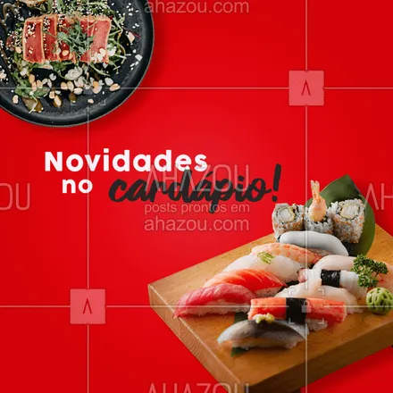 posts, legendas e frases de cozinha japonesa para whatsapp, instagram e facebook: Nosso menu ganhou uma série de novos pratos. ?
Entre as receitas, estão:
XXXXXXXX,
XXXXXXXX,
XXXXXXXX,
XXXXXXXX.

Uma delícia atrás da outra, faça já seu pedido!?
#menu #cardapio #novomenu #novocardapio #novo #pedidos #novidade #ahazou #gastronomia #delicias #delivery