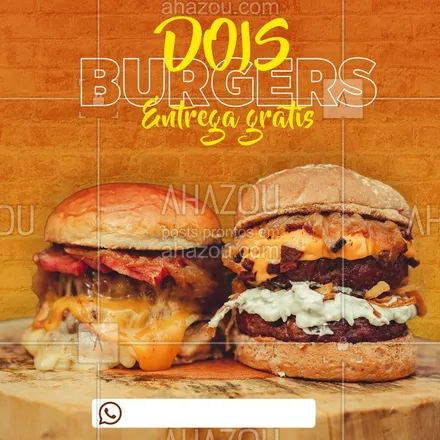 posts, legendas e frases de hamburguer para whatsapp, instagram e facebook: Bateu aquela vontade de pedir um burger? E que tal 2? Aproveita nossa promo, dois burgeres a entrega é totalmente gratuíta! Pede o seu! #ahazou #burger #entregagratis 