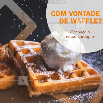 posts, legendas e frases de doces, salgados & festas, comidas variadas para whatsapp, instagram e facebook: São mais de (quantidade) opções de waffle. Esperamos por vocês!?️
#Waffle #AhazouTaste #Gastronomia #Cardápio 
