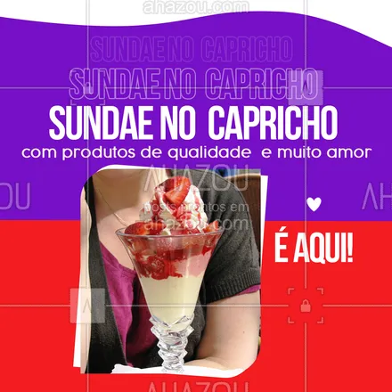 posts, legendas e frases de gelados & açaiteria para whatsapp, instagram e facebook: Quem ainda não provou nossos sundaes não conhece o amor verdadeiro em formato de sorvete. 😂 Isso porque, por aqui, todos os nossos produtos são feitos com muito carinho, desde a escolha dos insumos até a montagem dos sorvetes. Visite nosso perfil, conheça nossas opções e apaixone-se também! 🍦🥰  #ahazoutaste  #icecream  #sorvete  #sorveteria #sundae