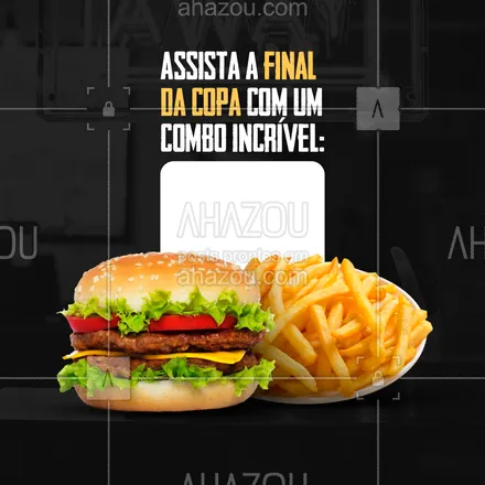 posts, legendas e frases de hamburguer para whatsapp, instagram e facebook: O final da copa pode ser melhor, já que o Brasil não está nela, com esse combo incrível que preparamos. #combo #final #copa #hamburguer #convite #ahazoutaste