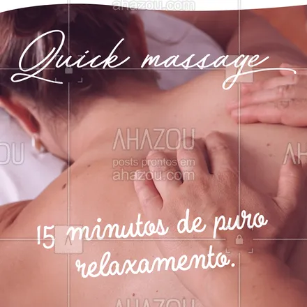 posts, legendas e frases de massoterapia para whatsapp, instagram e facebook: Com 15 minutos apenas a Quick Massage consegue te trazer benefícios surpreendentes!
Aproveite, temos alguns horários livres . Agende o seu!
#AhazouSaude #quickmassage  #massoterapia  #massoterapeuta  #massagem  #relax 