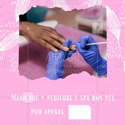 posts, legendas e frases de manicure & pedicure para whatsapp, instagram e facebook: Aproveite nossa promoção para manicure + pedicure com spa dos pés.
Adquira esse combo por apenas R$XX,XX.
Entre em contato e agende seu horário!#AhazouBeauty #beleza #manicure #nailart #nailsaloon #unhas #unhasdehoje #pedicure