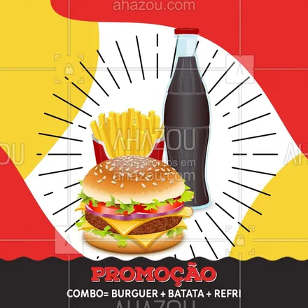 posts, legendas e frases de hamburguer para whatsapp, instagram e facebook: Promoção especial de hoje! Combo de Burger + batata + refri por apenas (R$         ). É hora de pedir esse combo maravilhoso, ligue e faça já o seu pedido! #Combo #Ahazou #Burger 