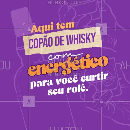 posts, legendas e frases de bares para whatsapp, instagram e facebook: Curta o seu rolê com um copão de whisky com energético na mão, venha aproveitar com a gente. 🥃 #ahazoutaste #bar #drinks #lounge #pub #whiskyenergético #diversão