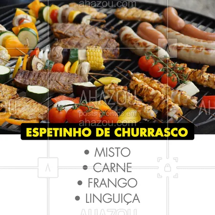 posts, legendas e frases de à la carte & self service para whatsapp, instagram e facebook: Hmm que tal experimentar nossos espetinhos de churras? ? Temos sabores variados! #churrasco #ahazoutaste #churras #espetinho 