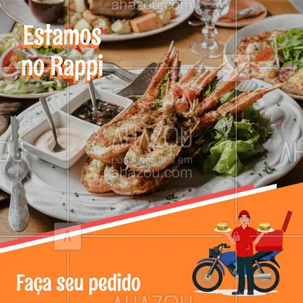posts, legendas e frases de peixes & frutos do mar para whatsapp, instagram e facebook: Mais uma novidade para vocês! Agora, fazemos entrega delivery pelo Rappi, então não fique com vontade e peça um de nossos saborosos produtos e receba-o em casa! #ahazoutaste #delivery #frutosdomar #pescados #peixes