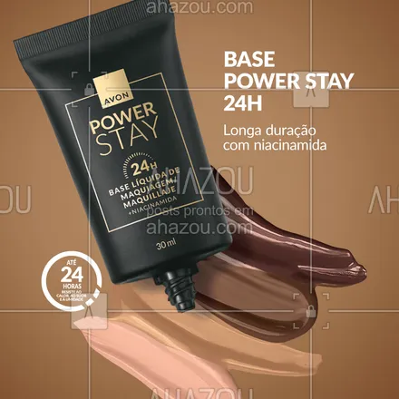 posts, legendas e frases de avon para whatsapp, instagram e facebook: Você gosta de alta cobertura e acabamento matte? Ou tem a pele mista ou oleosa? Então sua base ideal é a Power Stay 24h. Ela tem niacinamida, um ativo que reduz a aparência dos poros e controla a oleosidade, é à prova d’água e tem 20 tons para a pele das brasileiras. #EssaÉminhaBaseAvon #ahazouavon #ahazourevenda