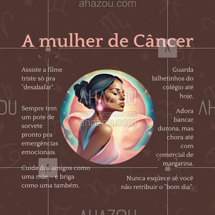 posts, legendas e frases de posts para todos para whatsapp, instagram e facebook: 💖 Por fora, casca grossa; por dentro, puro coração. Quem conhece uma canceriana sabe que o amor e o cuidado são sua marca registrada. 💕 #MulherDeCâncer #ahazou #engraçado #signos #mulherdecadasigno #câncer  