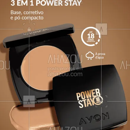 posts, legendas e frases de avon para whatsapp, instagram e facebook:  Base Compacta Power Stay entrega três benefícios em um único produto: base, corretivo e pó. Com cobertura leve e acabamento matte natural, ela é indicada para  #ahazouavon #ahazourevenda