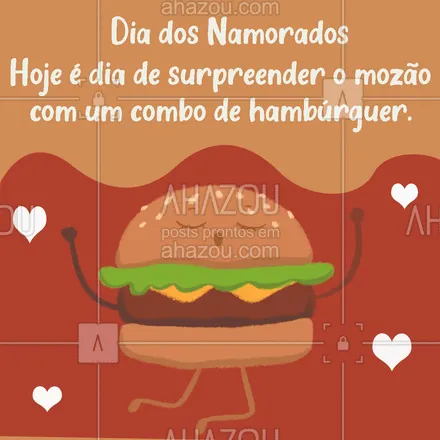 posts, legendas e frases de hamburguer para whatsapp, instagram e facebook: Não perca tempo e aproveite para surpreender o mozão com os nossos combos. 🍔🧡 #ahazoutaste #artesanal #burger #burgerlovers #hamburgueria #diadosnamorados