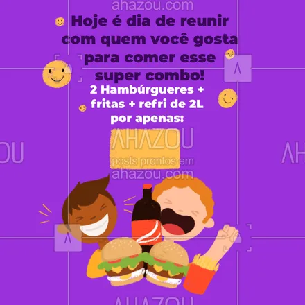 posts, legendas e frases de hamburguer para whatsapp, instagram e facebook: Se você queria aproveitar um momento maravilhoso com quem você gosta, esse momento chegou! Hoje tem um super combo pra você curtir com aquela pessoa amada, faça já o seu pedido.  #Combo #Convite #Burguer #ahazoutaste #Hamburguer #Refri #Fritas 