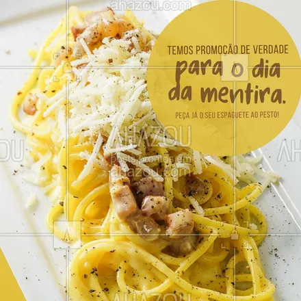 posts, legendas e frases de cozinha italiana para whatsapp, instagram e facebook: Aproveite essa oportunidade de ter uma promoção real mesmo no dia da mentira, hoje preparamos para você um espaguete maravilhoso acompanhado a um maravilhoso molho pesto, está imperdível, peça já o seu prato no número:  (__-___________). #ahazoutaste #comidaitaliana  #cozinhaitaliana  #italianfood  #massas  #italy  #restauranteitaliano  #pasta 