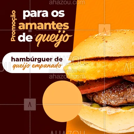 posts, legendas e frases de hamburguer para whatsapp, instagram e facebook: Nosso delicioso hambúrguer de queijo empanado está esperando para fazer o seu dia mais feliz, peça já o seu!🍔#hamburgueria #burger #ahazoutaste #promoção #queijoempanado