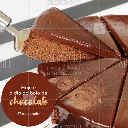posts, legendas e frases de doces, salgados & festas para whatsapp, instagram e facebook: Hmmm que delícia de dia! Quem aí ama bolo de chocolate, o clássico dos clássicos? ?? #bolodechocolate #ahazou #Bolo #doceria #diadobolodechocolate