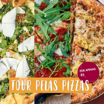 posts, legendas e frases de pizzaria para whatsapp, instagram e facebook: Mais uma promoção deliciosa aqui: Tour pelas pizzas.?
São três opções de pizza que você pode escolher para saborear, feito com a massa fresca e saborosa que você já conhece. E tudo por um preço irresistível, rodízio por penas R$xx,xx.
#ahazoutaste #pizza #food #delicia #desconto 