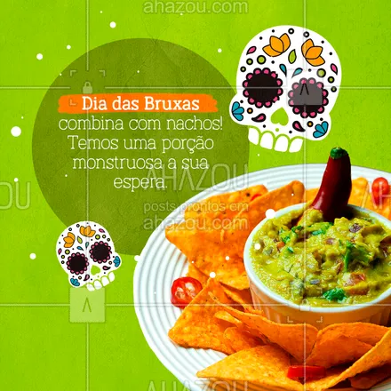 posts, legendas e frases de cozinha mexicana para whatsapp, instagram e facebook: Espante a fome com nossos deliciosos nachos.
Escolha o seu acompanhamento favorito e aproveite o Dia das Bruxas com nosso tempero delicioso.
#ahazoutaste #diadasbruxas #halloween   #texmex  #nachos  #vivamexico  #cozinhamexicana  #comidamexicana 