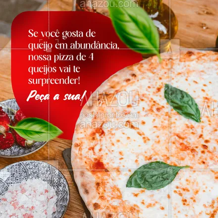 posts, legendas e frases de pizzaria para whatsapp, instagram e facebook: 
Queijo nunca é demais! Experimente nossa pizza de 4 queijos e veja a explosão de sabores acontecer na sua boca. Para pedir a sua, é só ligar para 🍕📲(inserir número).


#ahazoutaste #pizzaria  #pizzalovers  #pizzalife  #pizza 
