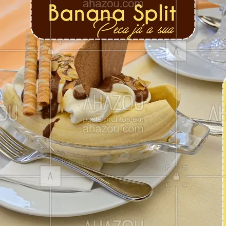 posts, legendas e frases de gelados & açaiteria para whatsapp, instagram e facebook: Temos Banana Split no nosso cardápio, só aguardando o seu pedido! Peça já.
#ahazoutaste #bananasplit  #sorvete #sorveteria #gelados #icecream