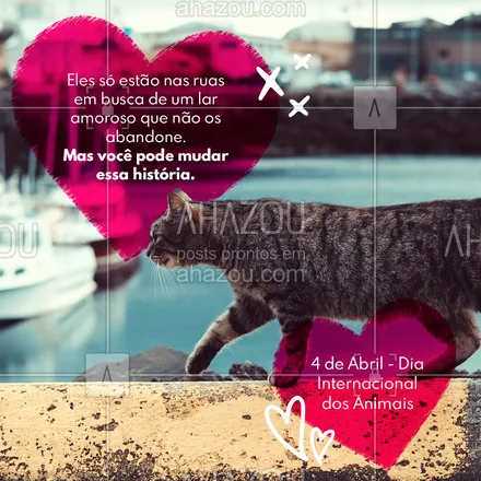 posts, legendas e frases de assuntos variados de Pets para whatsapp, instagram e facebook: 🐾 Que hoje possamos espalhar amor e conscientização da importância da adoção de animais.
#DiaMundialdosAnimaisdeRua #AdoteumPet #AdoçãodeAnimais #AdoçãodePets #AnimaisdeEstimação #Gatos #Cachorros #AhazouPet