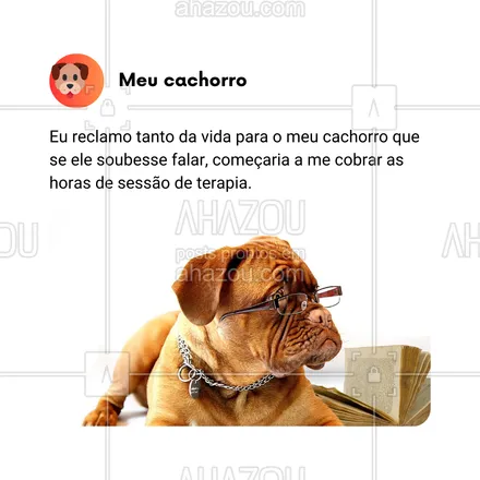 posts, legendas e frases de dog walker & petsitter, veterinário, petshop, assuntos variados de Pets para whatsapp, instagram e facebook: Reclamo tanto da vida para o meu cachorro que, se ele soubesse falar, já estaria me cobrando pelas horas de terapia! 🐾😂 Ele escuta todas as minhas queixas com uma paciência digna de um terapeuta. Não sei se devo agradecer ou pedir desconto! 😅🗣️ #SessãoDeTerapiaCanina #AhazouPet #TerapeutaDeQuatroPatas #CachorroPaciente #ReclamaçõesDeHumano #VidaComPet #AmigoDeTodaHora