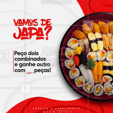posts, legendas e frases de cozinha japonesa para whatsapp, instagram e facebook: Japouuu! Essa promoção é para os Sushi Lovers: peça 2 combinado e ganhe outro! Promoção válida até [inserir]. ??? 
#ahazoutaste #sushidelivery  #sushitime  #japanesefood #combinadosushi #japa 